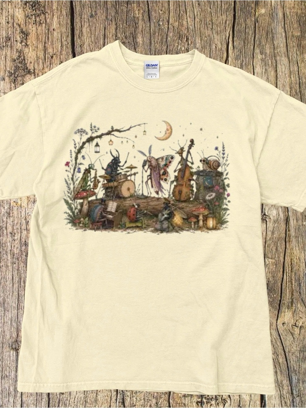 Whimsical Bug Playing Instrument Graphic Tee, Vintage Nature Music T-shirt